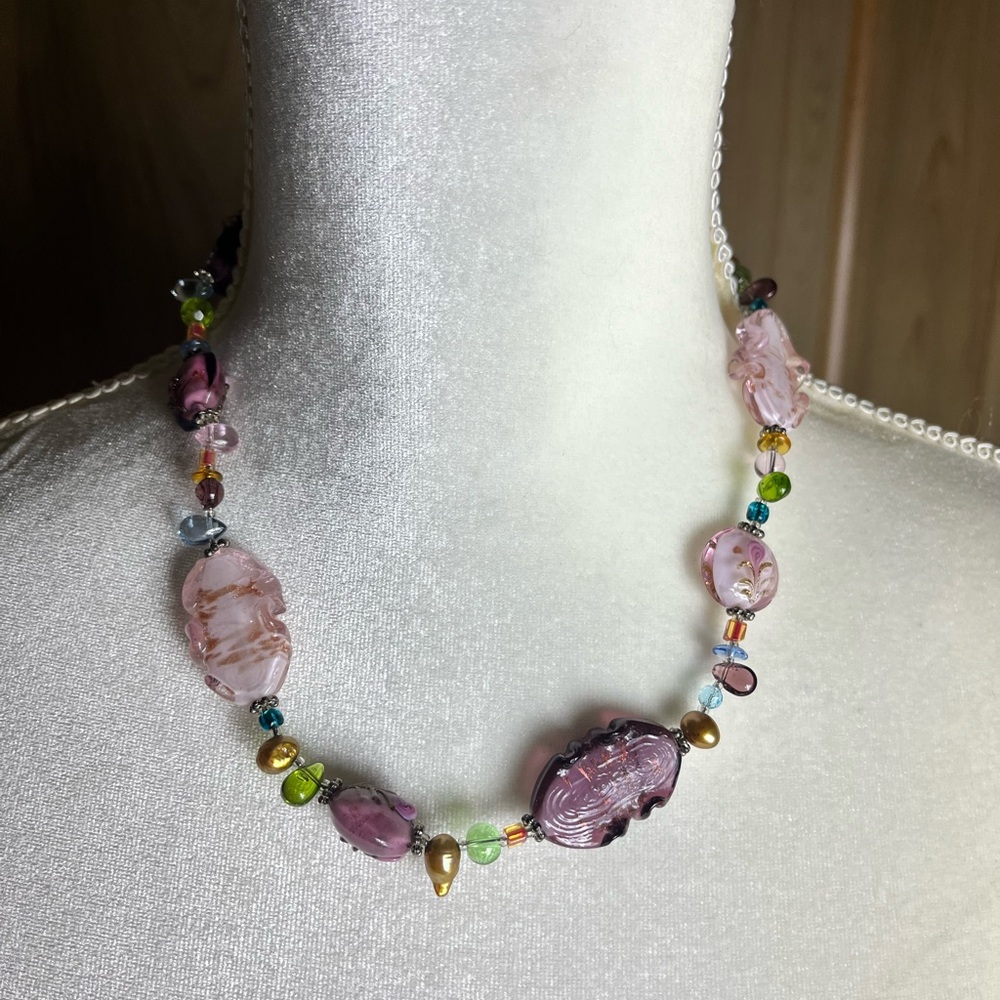 Women’s Multi-Color Beaded Necklace Set — Purple, Turquoise, Cream, Gold Accents - Picture 10 of 11